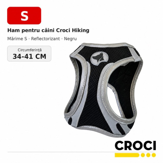 Ham pentru câini Croci Hiking, mărime S (34–41 cm), reflectorizant, negru – confort și siguranță pentru talie mică
